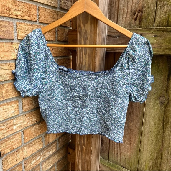 aerie Tops - Aerie Blue Floral Puff Sleeve Crop Top Cottagecore